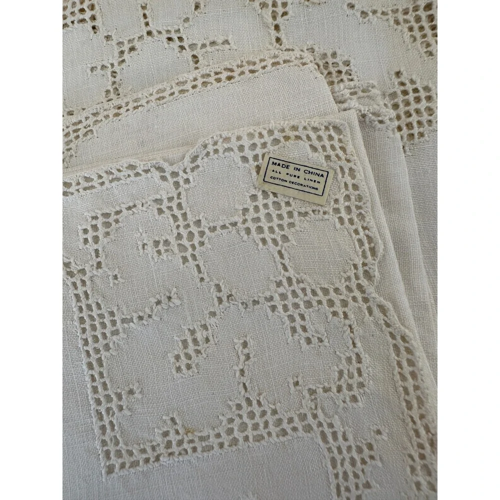 Vintage 1940s Pure Linen Tablecloth Napkins Set NOS Lace Floral White 7pc Set